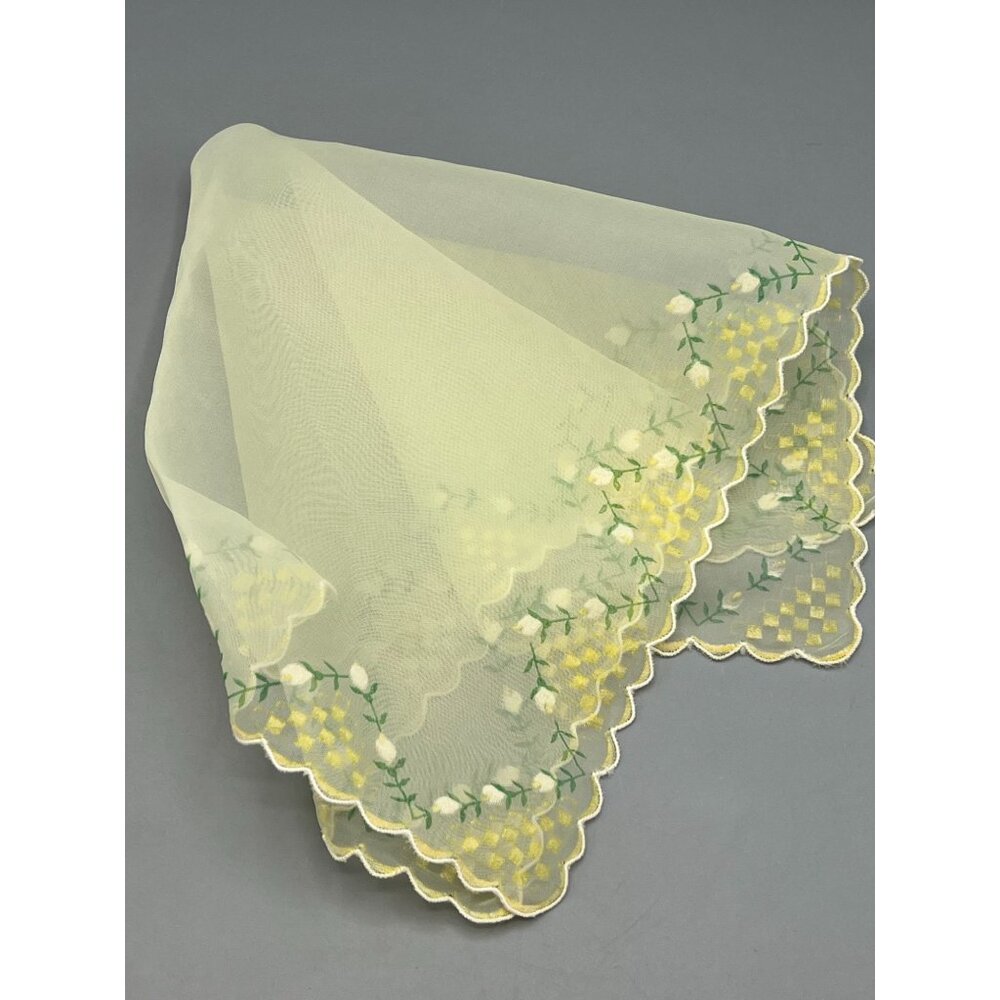Sheer Hanky Yellow White Rose Rolled Hem Bridal Handkerchief Square 14" Delicate - Picture 1 of 10